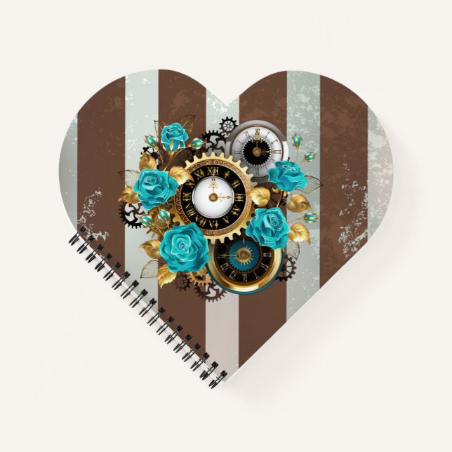 Carnet Steampunk Clock and Turquoise Roses on Striped (Devant)