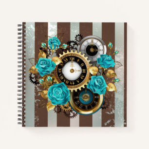 Carnet Steampunk Clock and Turquoise Roses on Striped