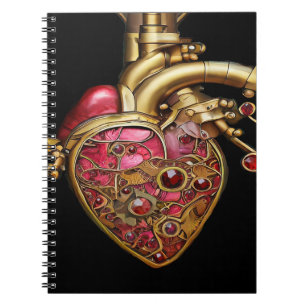Carnet Steampunk Coeur Anatomique rubis et engrenages