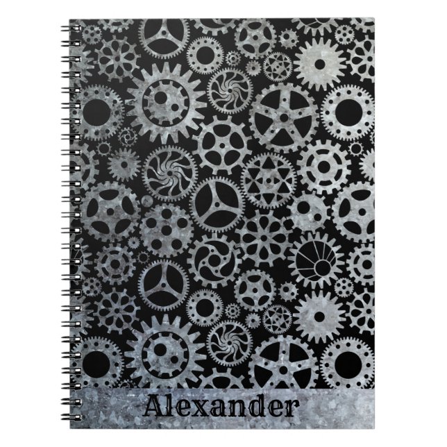 Carnet Steampunk Silver Zinc Gears Nom personnalisé (Devant)