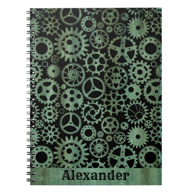 Carnet Steampunk Verdigris Bronze Gears Nom personnalisé (Devant)