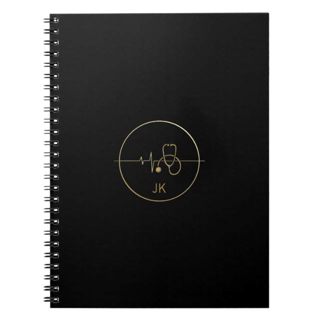 Carnet Stéthoscope Médical Monogramme Noir Or Battement d (Devant)