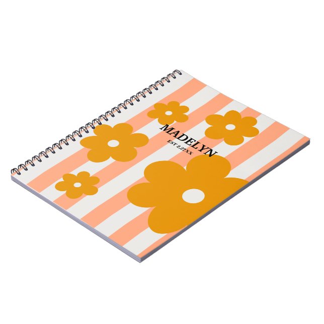 Carnet Stripes roses et Fleurs jaunes Script personnalisé (Côté gauche)