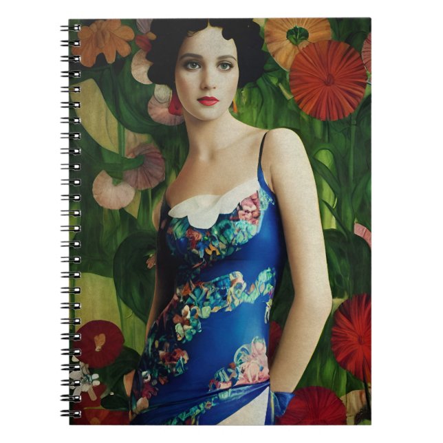 Carnet Style Art Déco Elégant Femme avec Grandes Fleurs A (Devant)