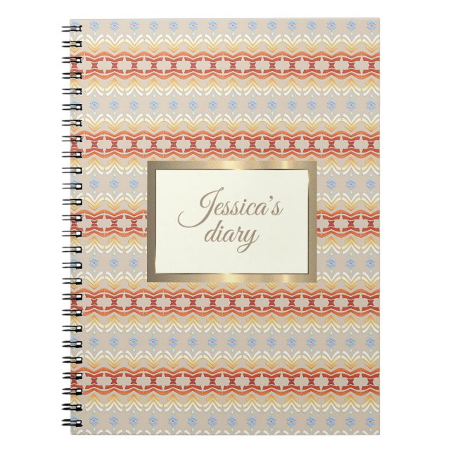 Carnet style boho ethnique motif géométrique. cadre doré (Devant)