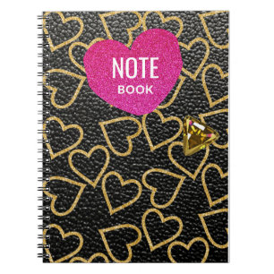 Carnet style en cuir noir faux avec coeur or,