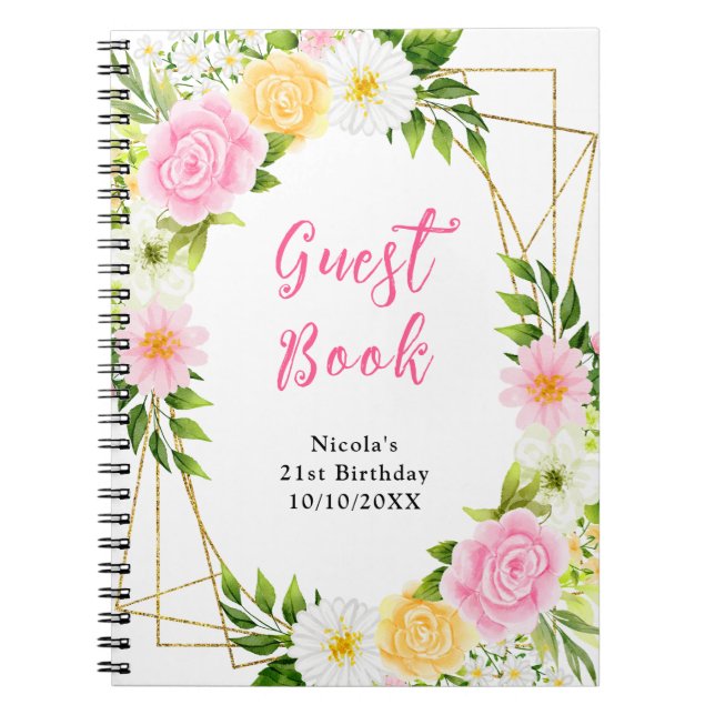 Carnet Summer Pink and Yellow Flowers Birthday Guest Book (Devant)