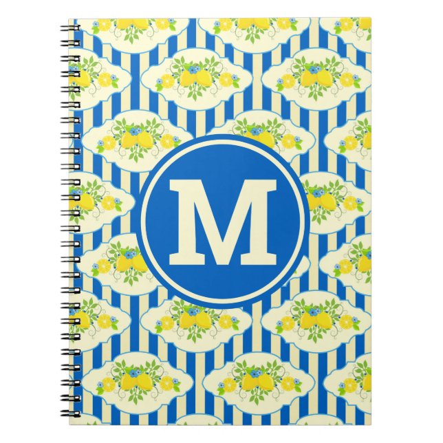 Carnet Summery Blue Stripes & Lemons and Leaves Pattern (Devant)