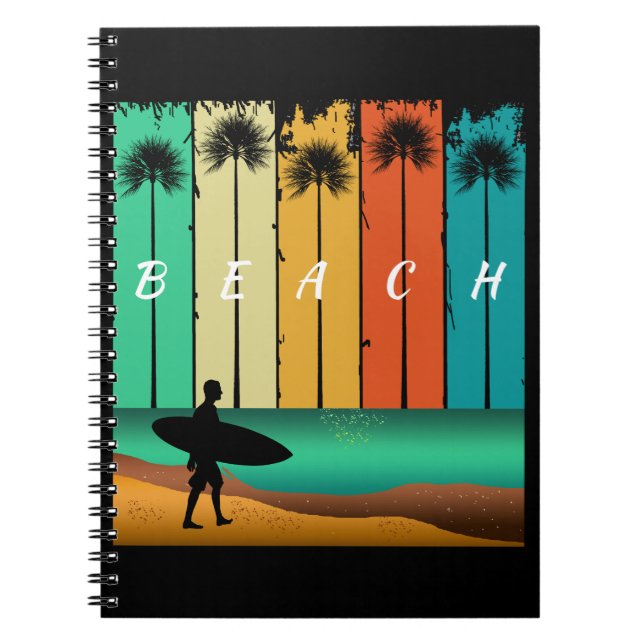 CARNET SURFEUR DE PLAGE VINTAGE SURFANT PALMIERS (Devant)