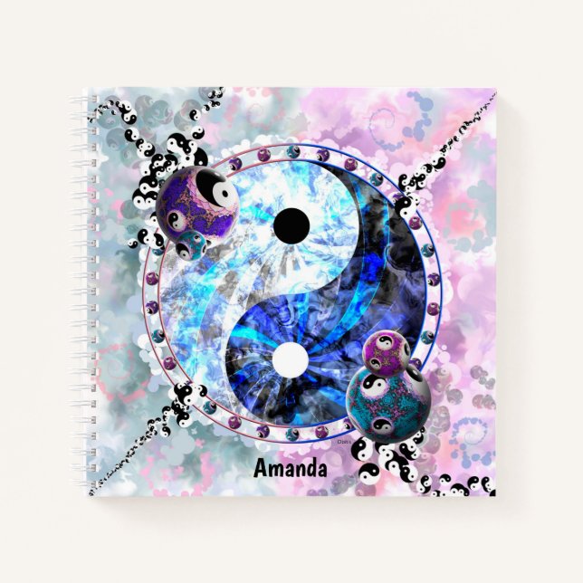 Carnet Symbole Yin Yang Rose bleu Monogramme (Devant)