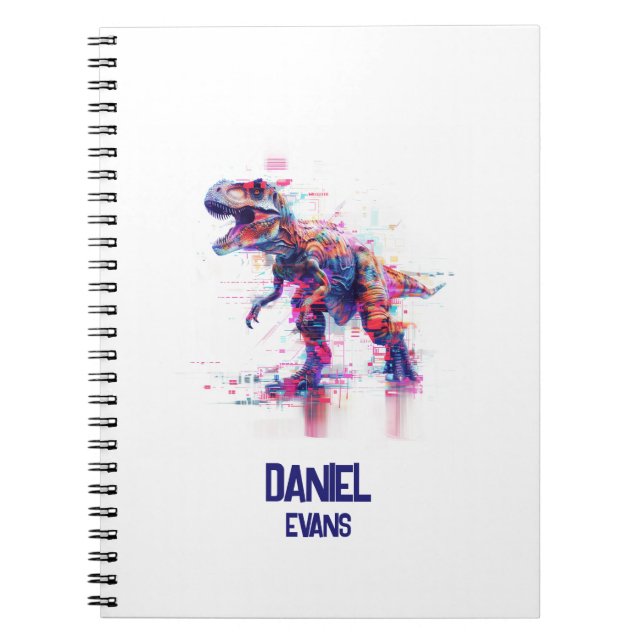 Carnet T-Rex Dinosaure Futuriste Glitch Avec Nom d'Enfant (Devant)