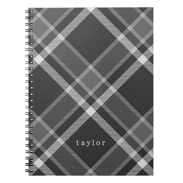 Carnet Tartan noir et gris rustique avec nom (Devant)