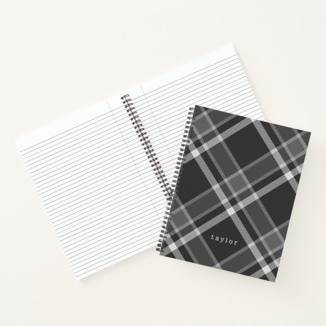 Carnet Tartan noir et gris rustique avec nom (Intérieur)