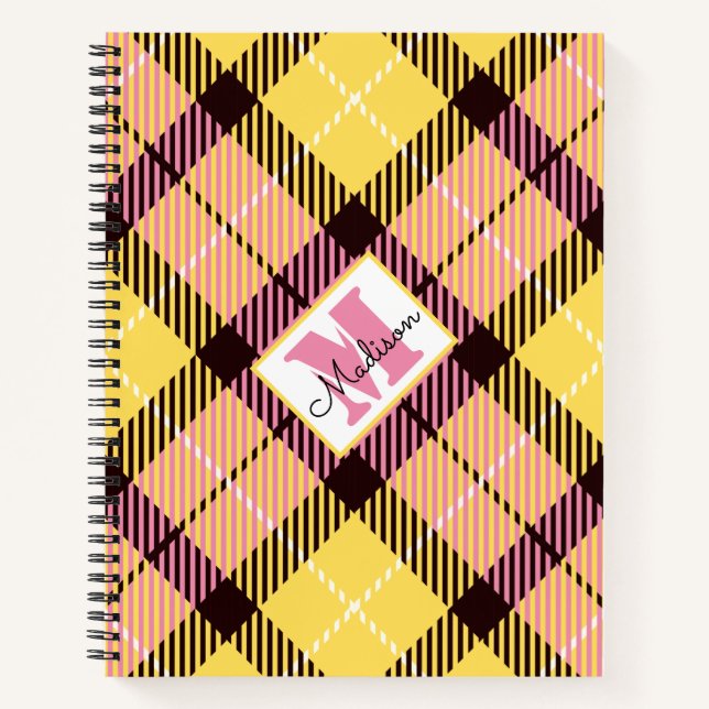 Carnet Tartan plat rose jaune moderne Nom personnalisé (Devant)