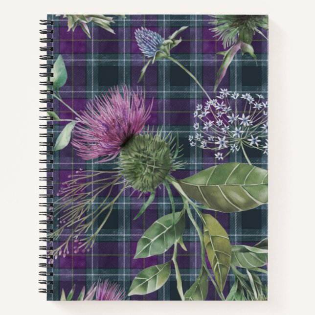 Carnet Tartan violet avec superposition de chardon (Devant)