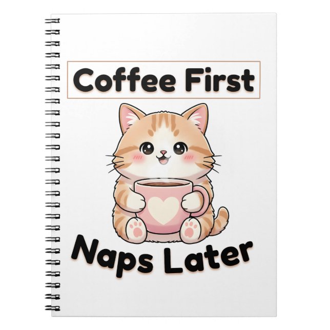 Carnet Tasse de café d'abord, sieste plus tard, chat mign (Devant)