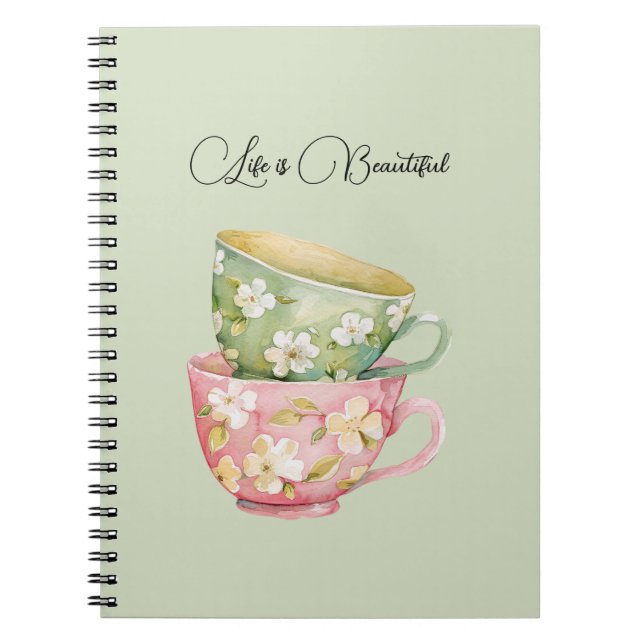 Carnet Tasses florales vert menthe rose (Devant)