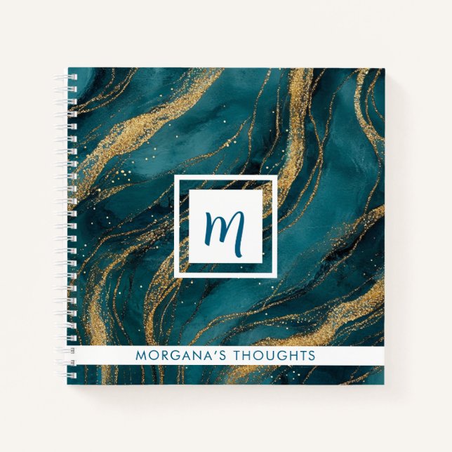 Carnet Teal and Gold Swirls Monogram Square (Devant)