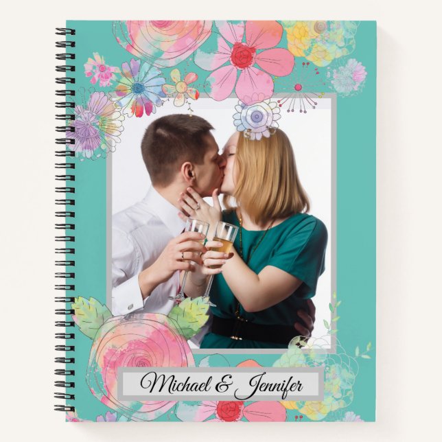 Carnet Teal and Shabby Chic Floral Custom Couples Photo (Devant)