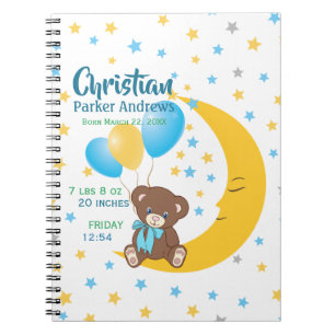 Carnet Teddy Bear assis sur la Lune Baby Birth Statistiqu