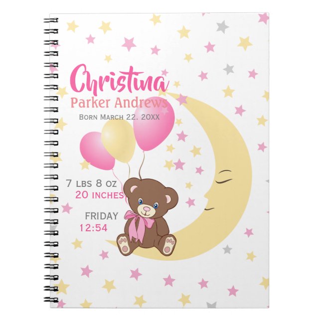 Carnet Teddy Bear assis sur la Lune Baby Birth Statistiqu (Devant)