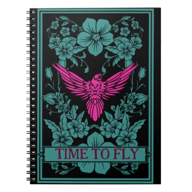 Carnet TEMPS DE VOL - Oiseau rose exotique/fleurs bleues (Devant)