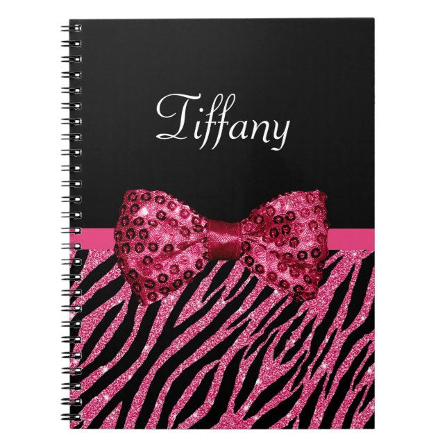 Carnet Tendance rose Zebra Print FAUX Glitz Bow avec nom (Devant)