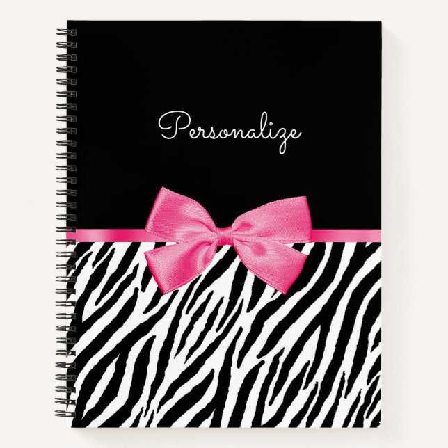 Carnet Tendance Zebra Print Chic Hot Rose Bow et nom (Devant)