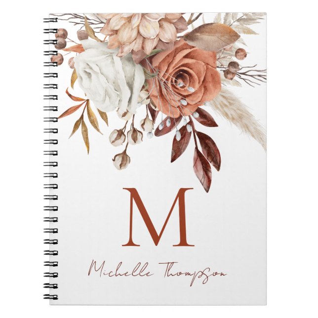 Carnet Terracotta Florals Monogramme Nom initial (Devant)