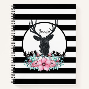 Carnet Tête de cerf noir avec Fleurs et Montagnes roses
