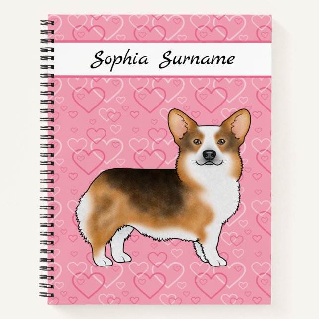 Carnet Tête rousse Tri Pembroke Welsh Corgi Cœurs & Nom (Devant)