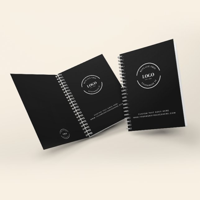 Carnet Texte de logo d'entreprise personnalisé Corporate  (Customizable business logo and website on black spiral notebooks. Comes in hardcover or softcover.)