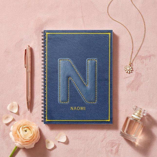 Carnet Texture de denim bleu avec monogramme brodé en jau (Créateur téléchargé)