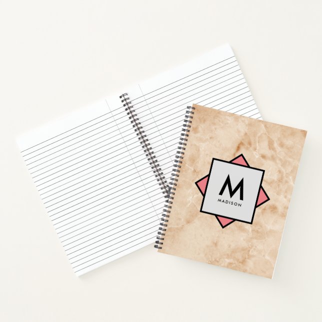 Carnet Texture rocheuse en marbre rose avec nom et monogr (Intérieur)