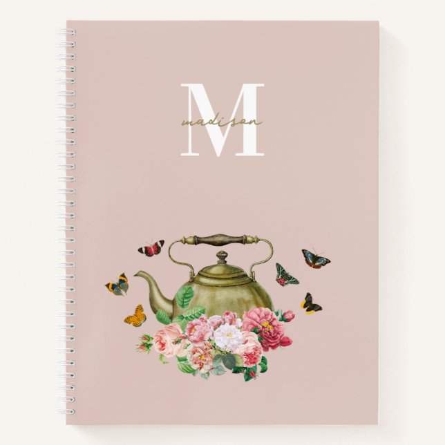 Carnet Théière Party Rose Floral & Papillons Monogramme (Devant)