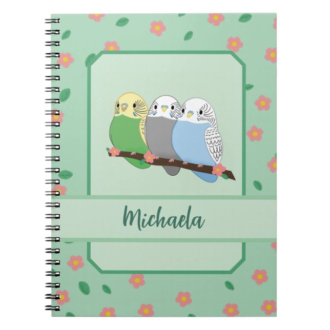Carnet Three Cute Budgies Floral Cherry Spiral Notebook (Devant)