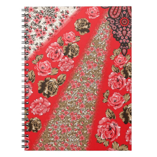 Carnet Tissu rouge éclatant avec floral complexe et (Devant)