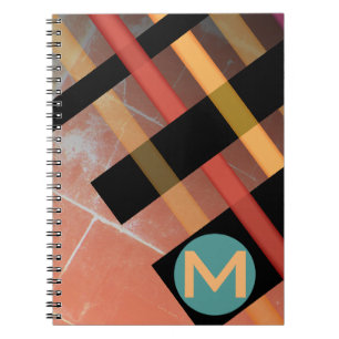 Carnet Tissus abstraits à rayures monogrammes rouge jaune