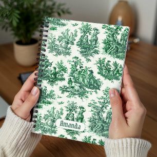 Carnet Toile de Jouy verte florale vintage monogramme