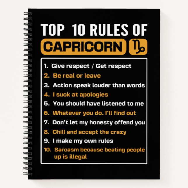 Carnet Top 10 Règles De Capricorne, Capricorn Faits Trait (Devant)