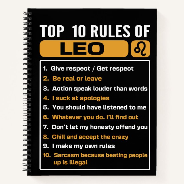 Carnet Top 10 Règles De Leo, Leo Facts Traits (Devant)