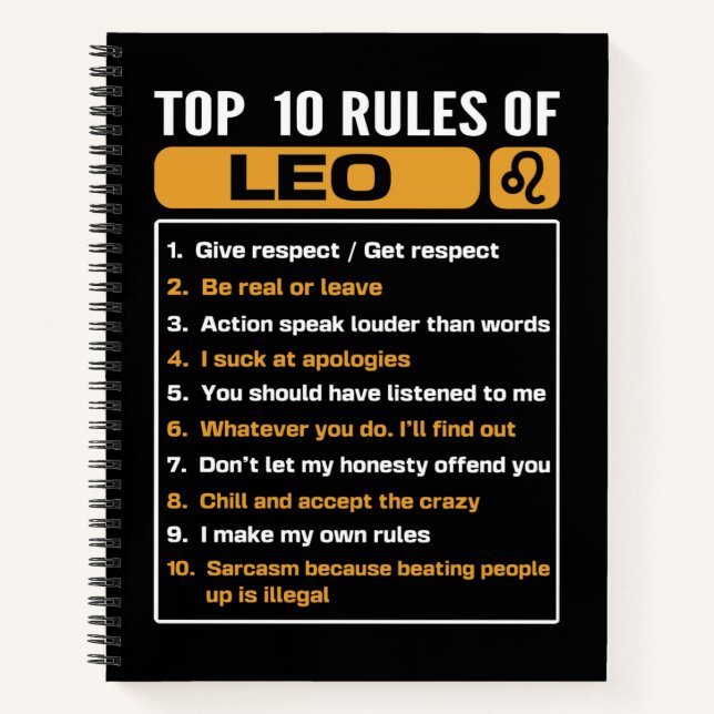 Carnet Top 10 Rules Of Leo, Leo Facts Traits (Devant)