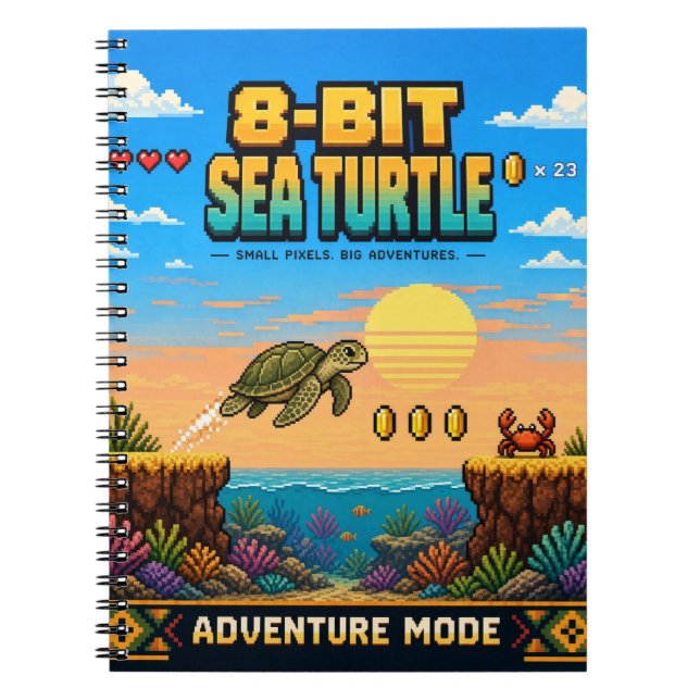 Carnet Tortue de mer, Pixel Art Rétro 8-Bit (Devant)