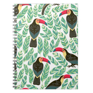 Carnet Toucans, feuilles tropicaux, motif décoratif.