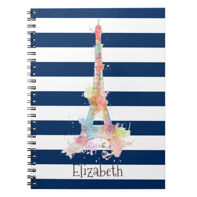 Carnet Tour Eiffel colorée rayures bleu marine  (Devant)