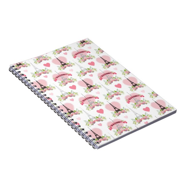 Carnet Tour Eiffel Fleurs Coeurs roses Paris Français (Côté Droit)