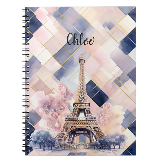 Carnet Tour Eiffel Rose Bleu Français Chic (Devant)