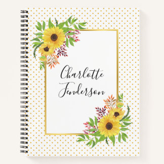 Carnet Tournesols aquarelle, pois jaunes et blancs