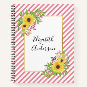 Carnet Tournesols aquarelle, rayures roses et blanches