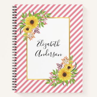 Carnet Tournesols aquarelle, rayures roses et blanches